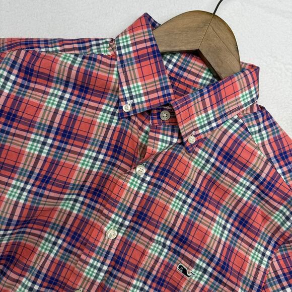 Vineyard Vines Shirt Men's Small pink Blue Green Houndstooth Slim Tucker Whale - Picture 1 of 10